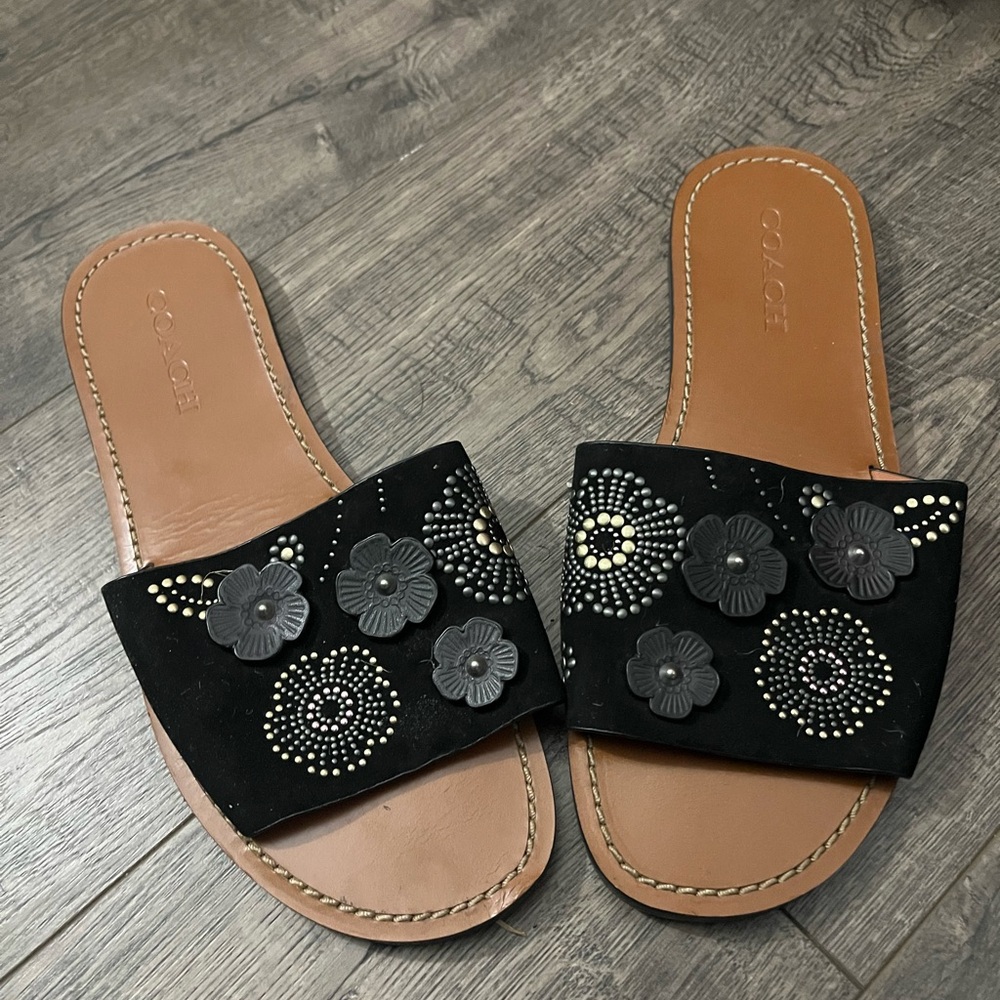 COACH Black Floral Studded Slide Sandals with Tan Footbed